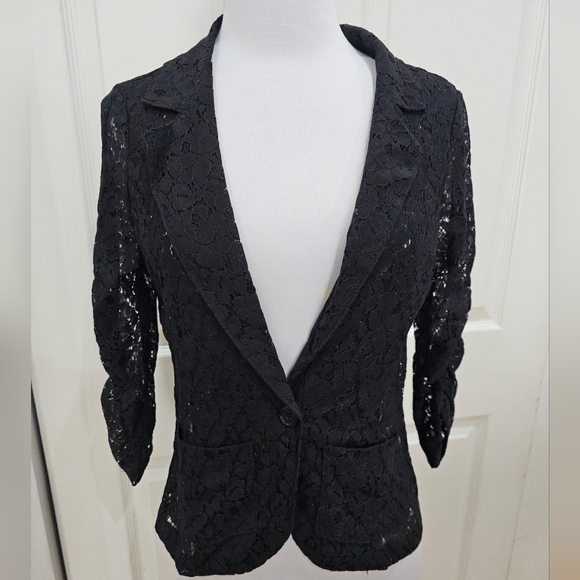 Rue 21 Black Sheer Lace Ruched Sleeve Single Button Blazer Jacket S - Picture 5 of 6